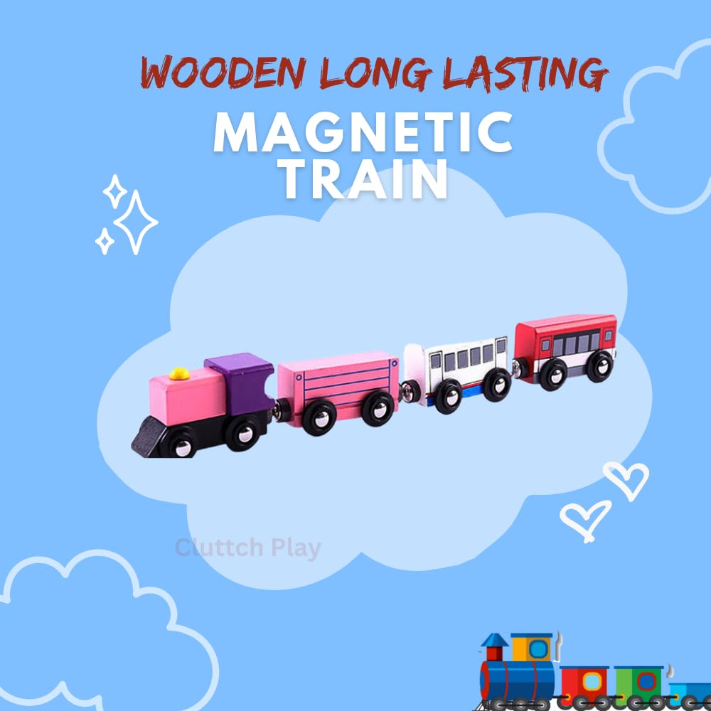 Wooden Toy Train Carriage Set of 4 Pieces | Magnetic Connectable Train Cars for Kids | Engine & Coach Set for Toddlers | Montessori Toy Gift (Model 5 Goods)