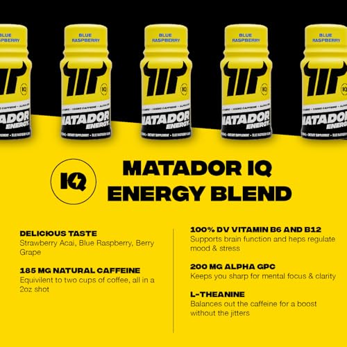 Image of MATADOR Energy Shots Extra Strength Mini Energy Drinks w /B Complex Vitamins (Vitamin B12-B9-B6-B3), Alpha GPC Nootropic Focus, Coffee Bean Extract Caffeine Shots, 24 Shot Count Blue Raspberry