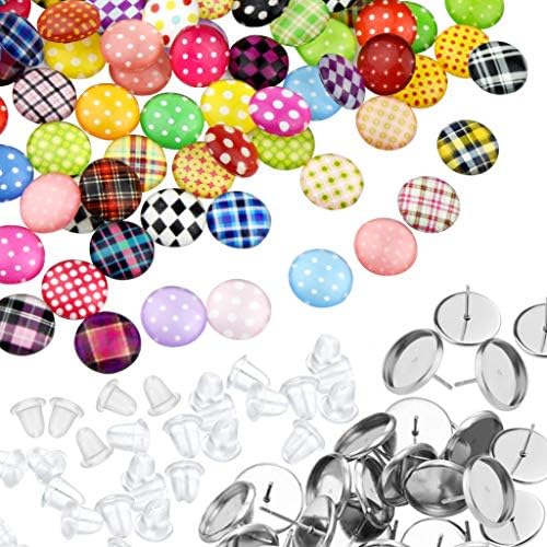 Stainless Steel Cup Post Earrings Kit, Miayon 100Pcs Cabochon Earring Setting 100Pcs Round Colorful Flatback Cabochons with 100Pcs Ear Stud Back for DIY Earring Making (12mm)