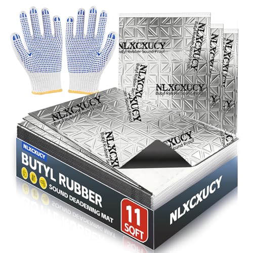 NLXCXUCY 10 Pcs 80mil (2mm) 11 sqft(1 sqm) Car Sound Deadening Mat,Butyl Automotive Sound Deadener,Noise Insulation and Vibration Dampening Material with Silicone Bumps Gloves