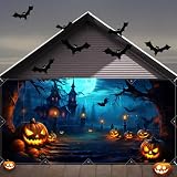 Picture of Halloween Decorations Garage Door Cover, Large Hanging Backdrop Door Cover Halloween Garage Wall Decorations for Outdoor Home Yard Garage Door Decorations Party Photo Backgrounds (7X16Ft)
