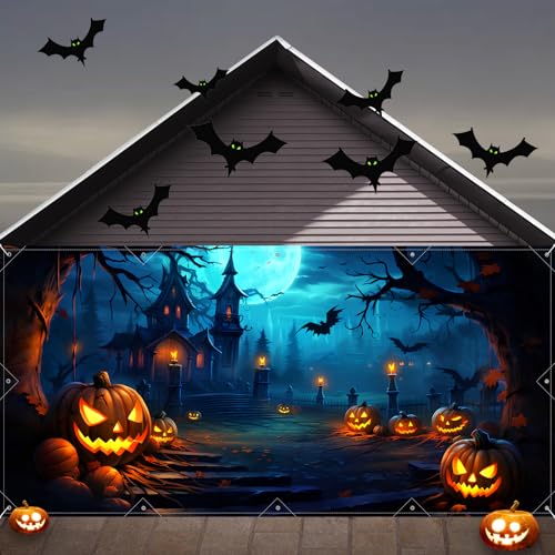 Halloween Decorations Garage Door Cover Large Hanging Backdrop Door Cover Halloween Garage Wall Decorations for Outdoor Home Yard Garage Door Decorations Party Photo Backgrounds (7X16Ft)