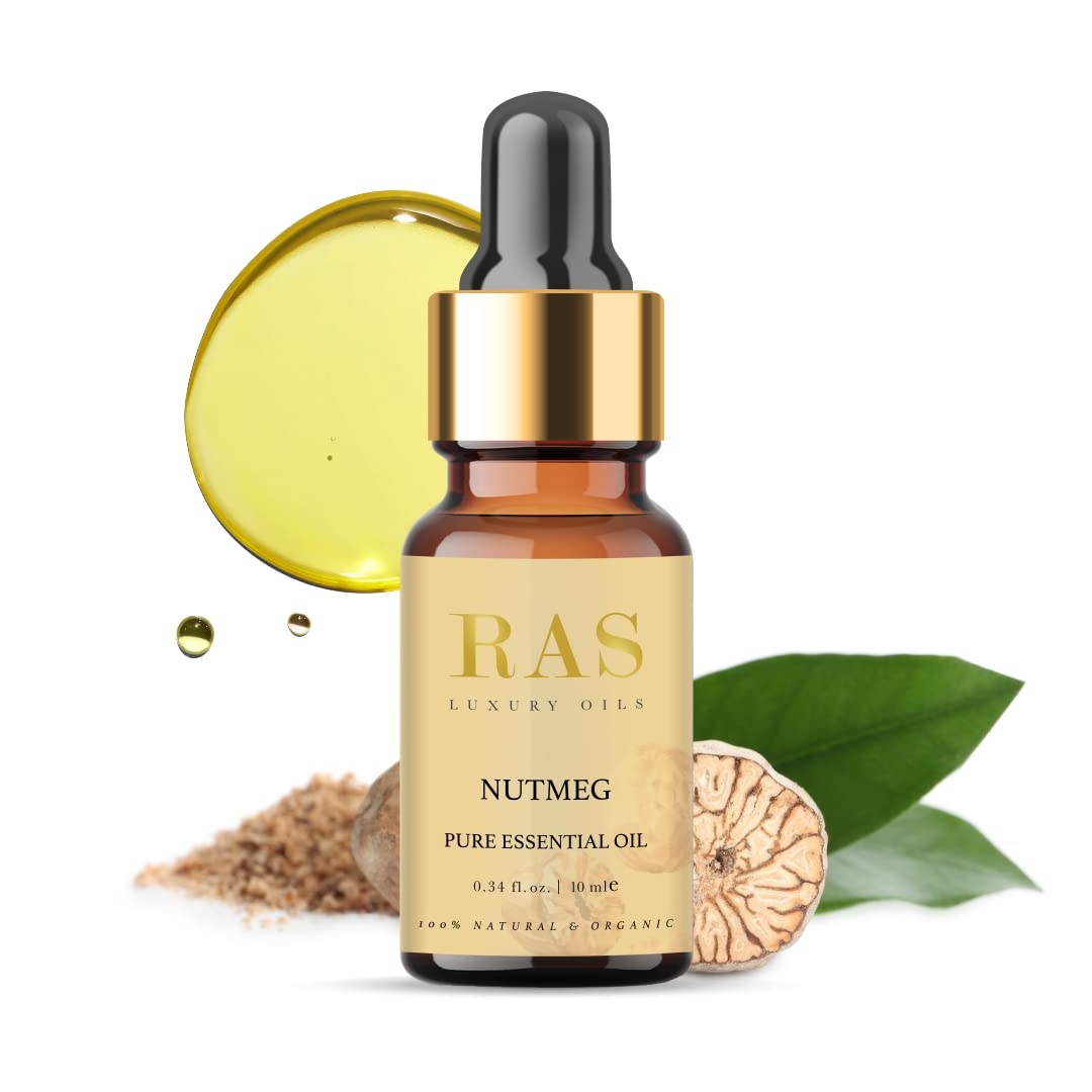 RAS Luxury Oils Nutmeg Pure Essential Oil For Lustrous Hair | Can Be Used Facial Oils, Roll On Scent & Hair Growth | Vegan, Toxin, Paraben & Cruelty Free | Natural & Organic | All Skin Types, 10ml