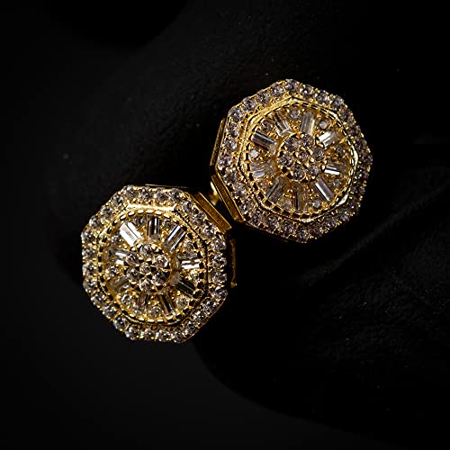 Men's 14K Yellow Gold 925 Sterling Silver Cz Hip Hop Octagon Cluster Stud Screw Back Earrings, M, Sterling Silver, Cubic Zirconia3