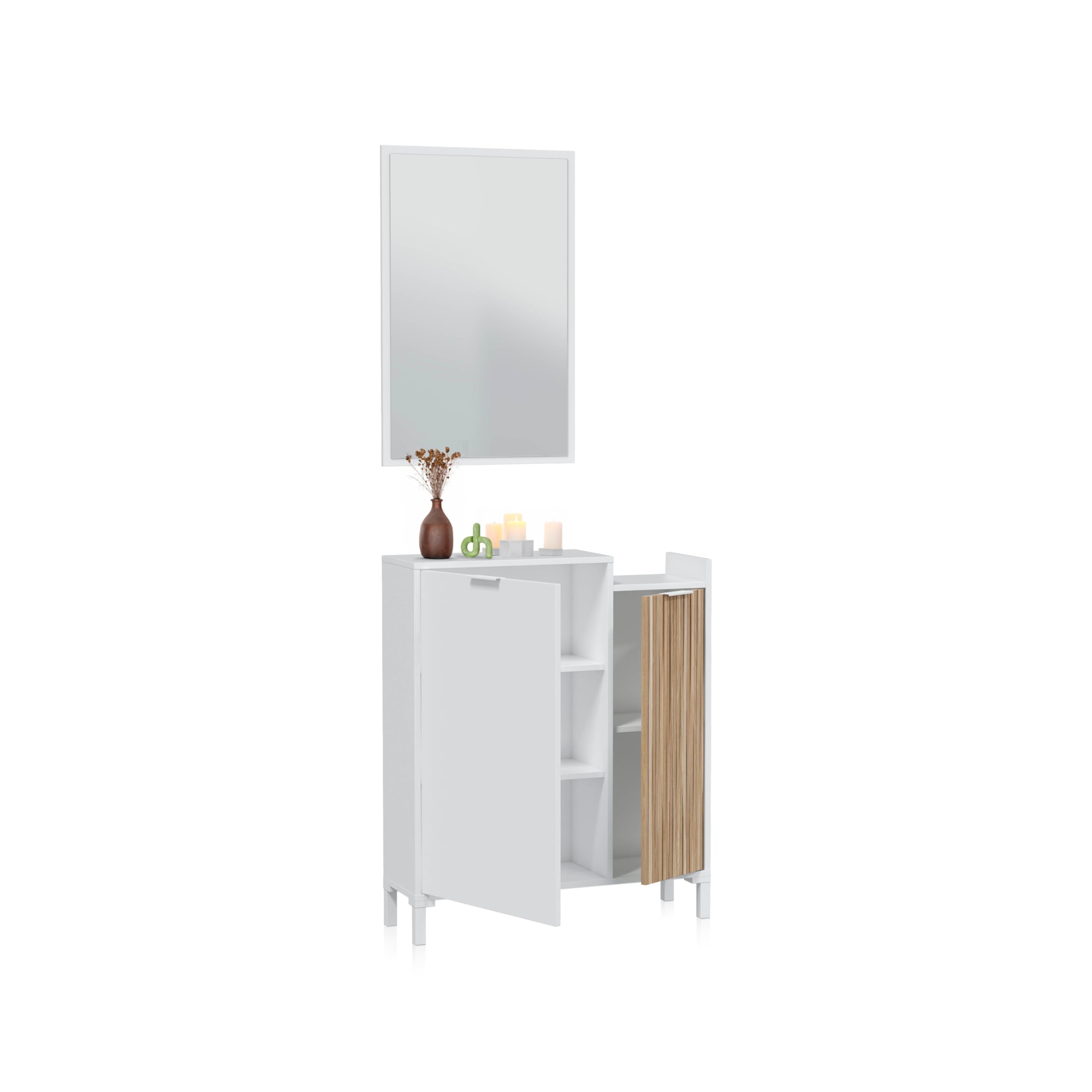 duehome | Recibidor con Espejo, Conjunto de Entrada con Almacenaje, Modelo Nitza, Acabado en Blanco Artik y Natur, Medidas: 77 cm (Largo) x 24 cm (Fondo) x 91 cm (Alto)