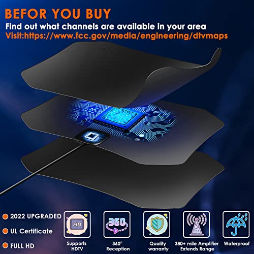 Digital TV Antenna, 380 Miles Indoor Amplifier Signal Booster Long Range HDTV Antenna Support 4K 1080P UHF VHF Free Local Channels with 13.4ft Coax Cable and USB Power Adapter - Thumbnail 4