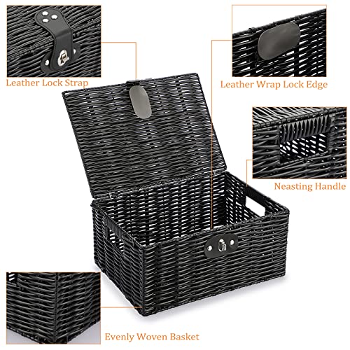 Hipiwe Decorative Storage Boxes With Lids & Lock Black Woven Basket Bin Built-In Carry Handles Plastic Shelf Basket Lidded Multifunctional Household Organizer Box For Clothes Toy Book Snack #TOP3