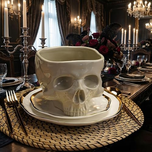 WTVRIT Food Safe Ceramic Skull Bowl - 500ml Gothic Halloween Candy & Serving Bowl for Cereal, Pasta, Ice Cream, Dishwasher & Microwave Safe Skeleton Head Decor Unique Gift (Large)