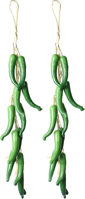 Qaziuy 2Pack Artificial Hanging Pepper String, Fake Decorative Artificial Chill Vegetable Vine for Home Kitchen Farm Decoration