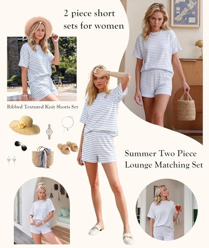 Image of MARZXIN Women 2 Piece Shorts Set 2026 Casual Summer Cruise Outfits Ribbed Loose Short Sleeve Pocket Matching Lounge Sets
