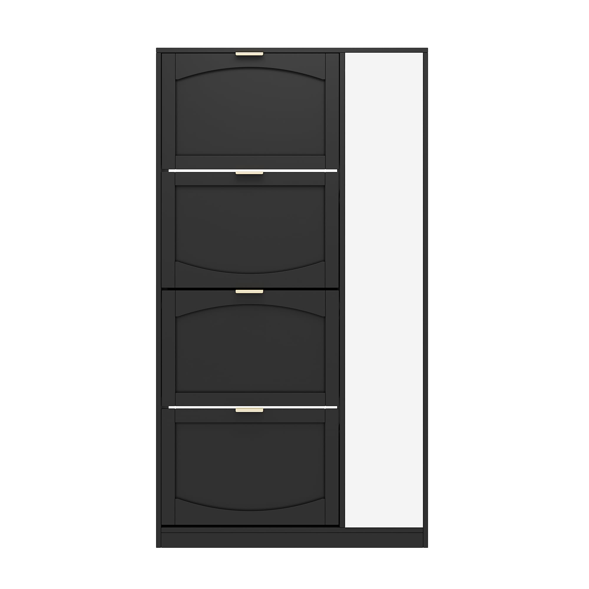 Zapatero moderno con espejo, 4 compartimentos de almacenamiento plegables, estante ajustable detrás del espejo derecho, ideal para el pasillo, tamaño: 80 x 147 x 24 cm, color negro