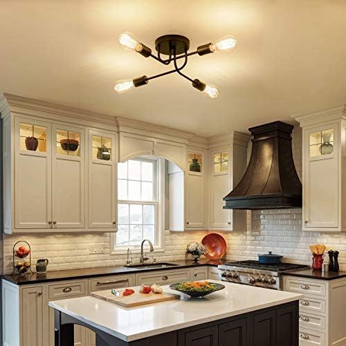 Industrial Semi Flush Mount Ceiling 4 Light with Adjustable Metal Branched Vintage Ceiling Light E27 Holder Black Painted for Kitchen Living Room Dining Room Bedroom Black(Bulb NOT Included)