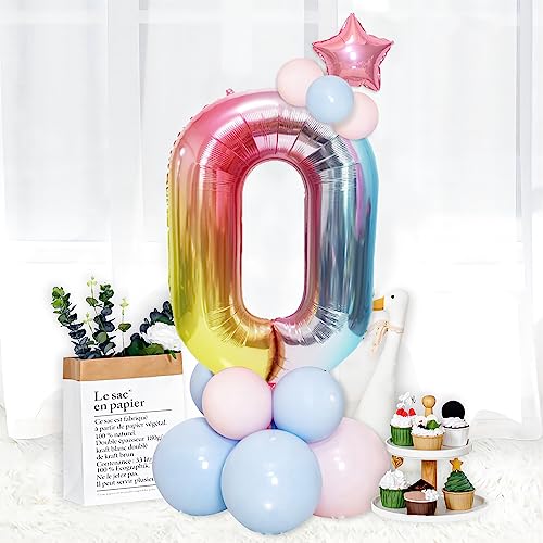 Image of 40 Inch Giant Rainbow Number 0 Balloons, Birthday Balloons, Helium Mylar Foil Big Number Balloons for Birthday Party Decorations, Kids' Birthday Anniversary Party Baby Shower Unicorn Parties