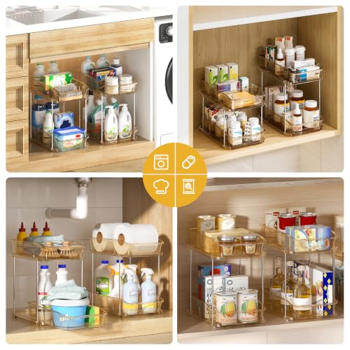Image of Delamu 2-Tier Under Sink Organizers and Storage, Multi-Purpose Stackable Bathroom Cabinet organizers, Pull Out Kitchen Pantry Organization and Storage with Dividers(2 Pack, Amber)