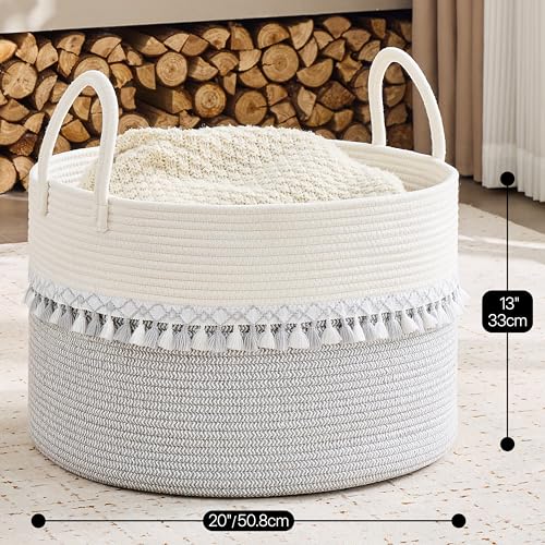 Image of KAKAMAY Cotton Rope Storage Basket (20 inchx13 inch),Woven Hamper for Blankets,Toys,Pillows,Clothes,Laundry,Sturdy Handles Decorative Basket for Living Room, Bedroom,Nursery(Grey /Black)