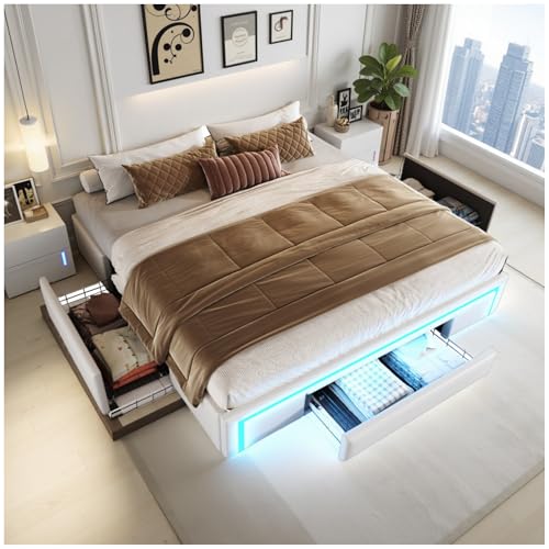 Wyibwy Cama de matrimonio acolchada 180x200cm, con 3 cajones y tira LED, cama de piel PU sin cabecero, somier para cama de matrimonio, dormitorio completo de matrimonio (Beige)