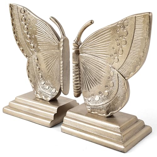 Image of Novaurb Vintage Gold Decorative Bookends Butterfly Design, Heavy Duty Cast Iron Book Ends, Metal Bronze Shelves Stoppers Holder Decor, 1Pair/2Piece, Classic Copper