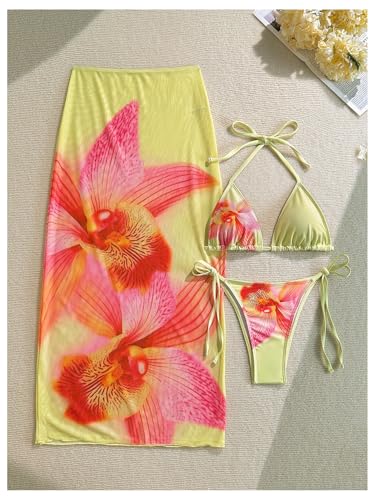 Milumia Women's 3 Piece Swimsuit Boho Floral Triangle Halter Tropical Swimsuit with Cover Ups3