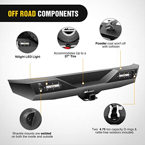 Image of Nilight - JK-52A Rear Bumper Compatible for 2007-2018 Wrangler JK,Rock Crawler Bumper with Hitch Receiver & 2X Upgraded 18W LED Lights Off Road Textured Black