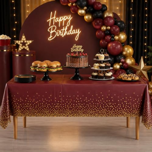 Image of Blue Orchards Burgundy and Gold Dots Table Cover (Pack of 3 with 20 glue dots) - 54 inchx108 inch XL - Red Plastic Tablecloth, Bridal Shower, Wedding, Graduation Decoration, Picnic Red Birthday Party Supplies