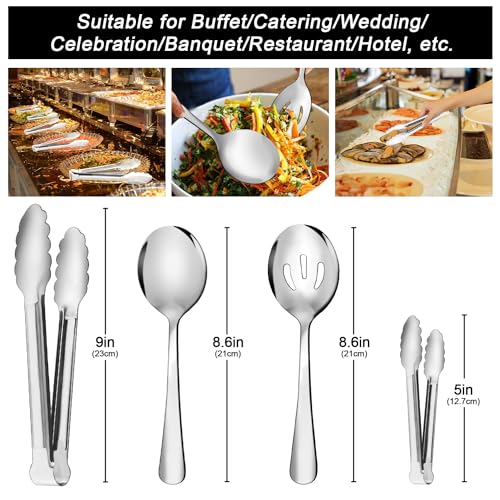12PCS Stainless Steel Serving Utensils Sets - Large Serving Spoons,Slotted Spoons,Serving Tongs,Appetizer Tongs,Utensills Sets for Buffet Catering Banquet Party (Silver) - Thumbnail 2