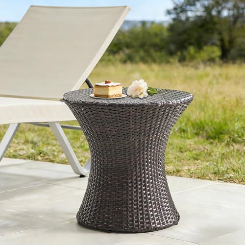 Hourglass Shaped Outdoor Side Table Sculptural PE Rattan Patio Accent