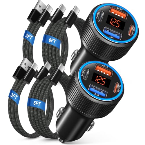 Two black aluminium Costyle car chargers with LED voltmeter and four ports — a 2-pack that covers a second vehicle