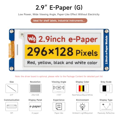 Image of waveshare 2.9inch E-Paper Display (G), E-Ink Display, 296x128, Red /Yellow /Black /White, SPI Interface, with Driver Board