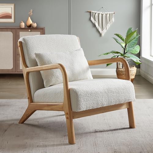 Sicaan Fauteuil Salon Scandinave Blanc Vintage Marie - Tissu Bouclette Accoudoirs Bois Courbé avec Coussin Design Cosy Élégant Fauteuil Salon Chambre Bureau Cocooning Confortable 60x55x78 Cm