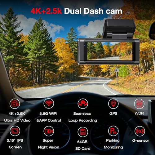 Beferich 4K+2.5K Dash Cam Front and Rear, Built-in GPS, 5.8G WiFi, Free 64GB Card Included - image 6