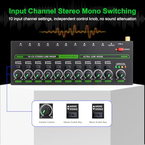Fafeicy Mezclador De Audio De 10 Canales Estéreo Mono Con Control Volumen Independiente Entrada Salida 6.35mm DC 5V (9damfeingo-12)