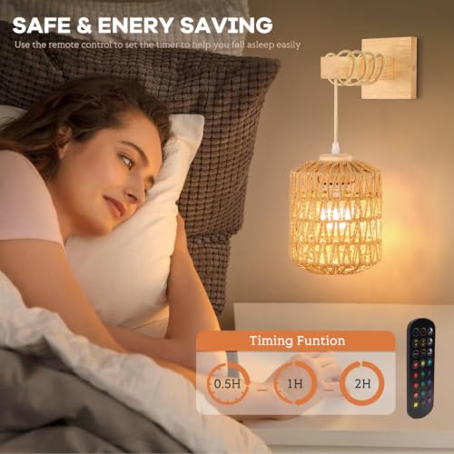 Image of Wood Wall Sconce Battery Operated Set of 2, Boho Rechargeable Rattan Wall Light with Remote Control, Farmhouse Dimmable Wireless Rustic Wall Lamp Indoor for Bedroom Living Room hallways Foyer