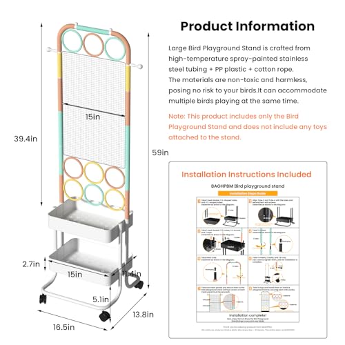 Large Bird Playground, Parrot Perch Stand with Toys DIY Zone, Wheels, Toilet, Storage Space, Bird Stands for Inside Play Gym Stand for Parakeet Conure Cockatiel Lovebird Budgie African Greys