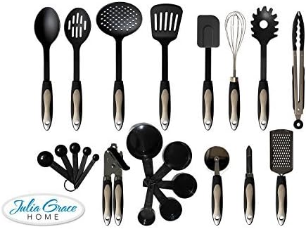 22 Piece Deluxe Kitchen Utensil Set from Julia Grace Kitchen | Home Cooking Tools & Gadgets | Spatulas, Turners, Tongs, Pizza Cutter, Can Opener, Whisk, Grater, Peeler, Measuring Cups & Spoons