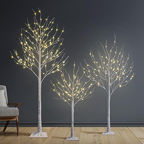 Set of 3 Lighted Birch Tree 4FT 6FT and 8FT LED Artificial Tree for Decoration Inside and Outside , Home Patio Wedding Festival Christmas Decor , Warm White