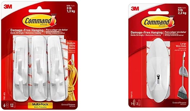 Command Medium Utility Hooks Value Pack 6 Hooks 12 Command Adhesive Strips & Wire Hook with Strips - Large, White