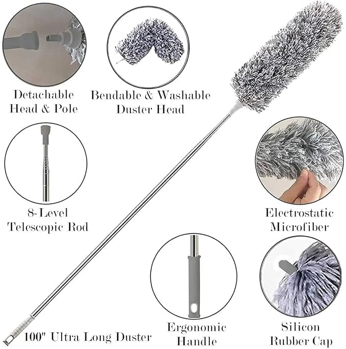 Image of Microfiber Feather Duster with Bendable Head & 100 Inch Extendable Stainless Steel Pole | Long Handle Washable Cleaning Brush for Ceiling Fans, Blinds, Walls, Furniture & Car Interiors