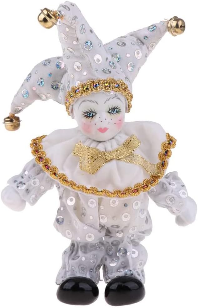 19cm Cute Italian Eros Porcelain Triangel Doll in Costume Home Display Decor, Vintage Porcelain Clown Doll - can Sitting & Standing, Halloween Decoration Gift(B06-A2)