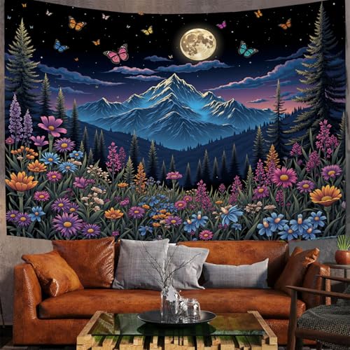 Tapisserie murale chambre bleu fonce paysage de montagne lune et papillons
