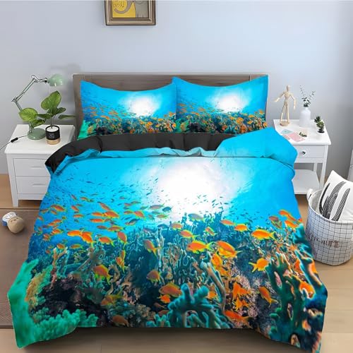 Housse couette poisson rouge microfibre 200x200 parure lit corail