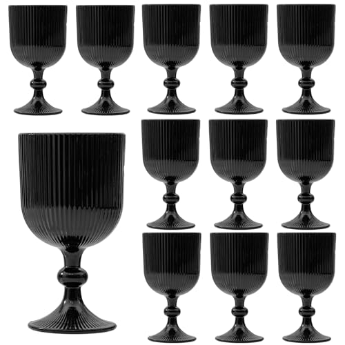12 Pcs Black Vintage Wine Glasses, 11 Ounces Colored Glass Water Goblets, Unique Embossed Pattern High Clear Stemmed Glassware Wedding Party Bar Glass Drinking Cups Fancy Glasses Set Hand Wash Only