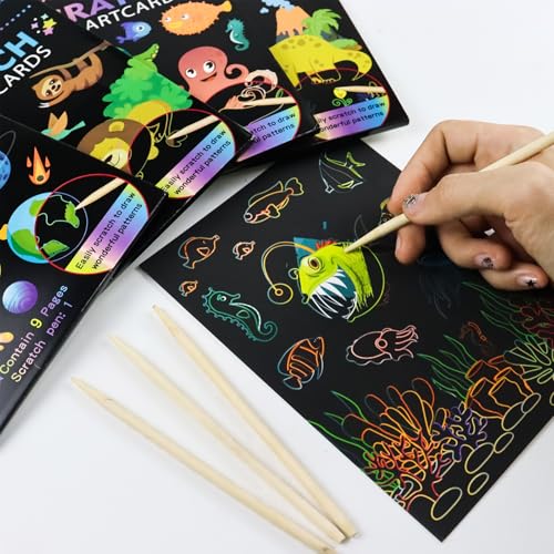 Yoreva 4 Set Kratzbilder für Kinder, Magisches Regenbogen Kratzpapier, Kratzbuch Dinosaurier Weltraum Ozeane Tier mit Kratzstift, Scratch Book für Entspannen & Dekorieren