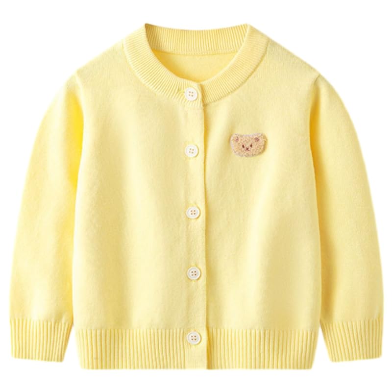 URMGIC Girls Solid Cardigan with Bear Pattern, Girls Long Sleeve Button Cardigan Cotton Knit Sweate