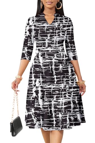 Image of Nmoder Casual Dresses for Women Semi Formal Fit and Flare 3 /4 Sleeve A-line Church Work Dress with Pockets