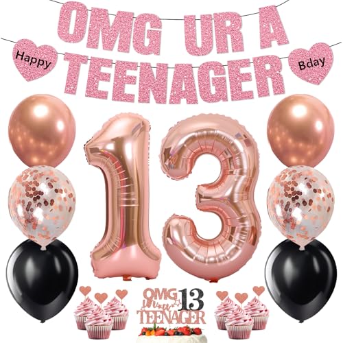 Yesiyeik 13th Birthday Decorations for Girls Pre-Strung OMG UR A TEENAGER Banner Rose Gold 32inch Digital Balloon Cake Cupcake Toppers 17pcs 13 Years Old Girls Birthday Party Supplies