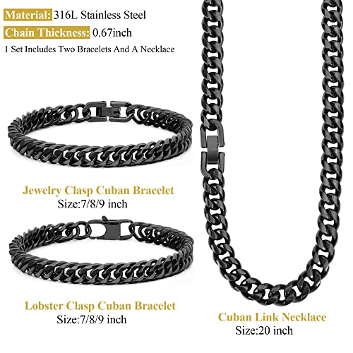 3PCS Cuban Link Bracelet Necklace, Black Sturdy 316L Stainless Steel Cuban Link Chain for Men Jewelry Set 8mm, 7/8/9 Inches2
