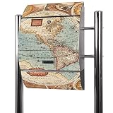 banjado® Standbriefkasten Edelstahl mit Zeitungsfach Motiv Historische Weltkarte/Briefkasten Standfuß & Namensschild/Edelstahl Briefkasten/Postkasten A4 Einwurf inkl. Montagematerial & 2 Schlüssel