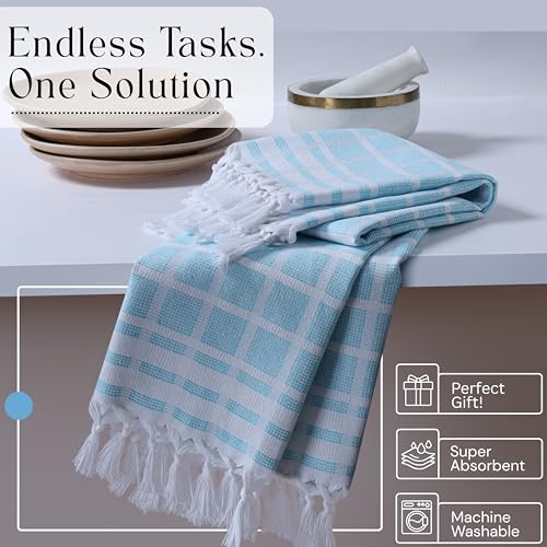 Image of Matrix Dobby Kitchen Towels 4 Pack, 100% Cotton, 16x26 Inches, Handmade Knotted Tassel Tea Towels, Reusable & Absorbent Wash Rags for Drying and Cleaning - Aqua Blue, White