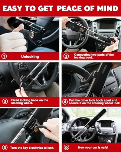 Tevlaphee Steering Wheel Lock Anti-Theft Car Device Heavy Duty Security Car Lock Antitheft Locking Devices Great Deterrent Adjustable Car Wheel Lock Anti Theft for Vehicle Truck with 3 Keys(Black) - 4