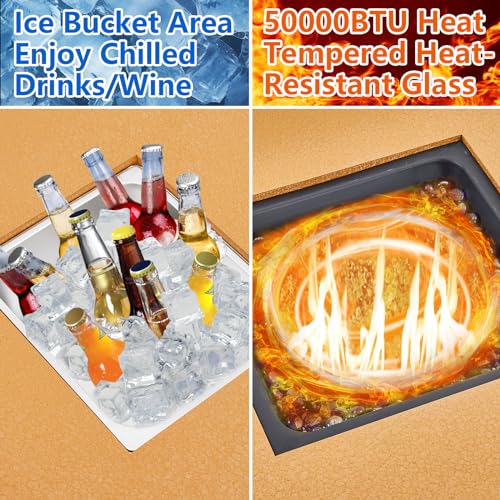 56 Inch Outdoor Propane Fire Pit Table,50000BTU Fire Table with 13" Square Drink Ice Bucket Wind Guard, Fire Glass Beads & CSA Safety Certified Outdoor Firepit for Outside Patio Yard Garden, Yellow